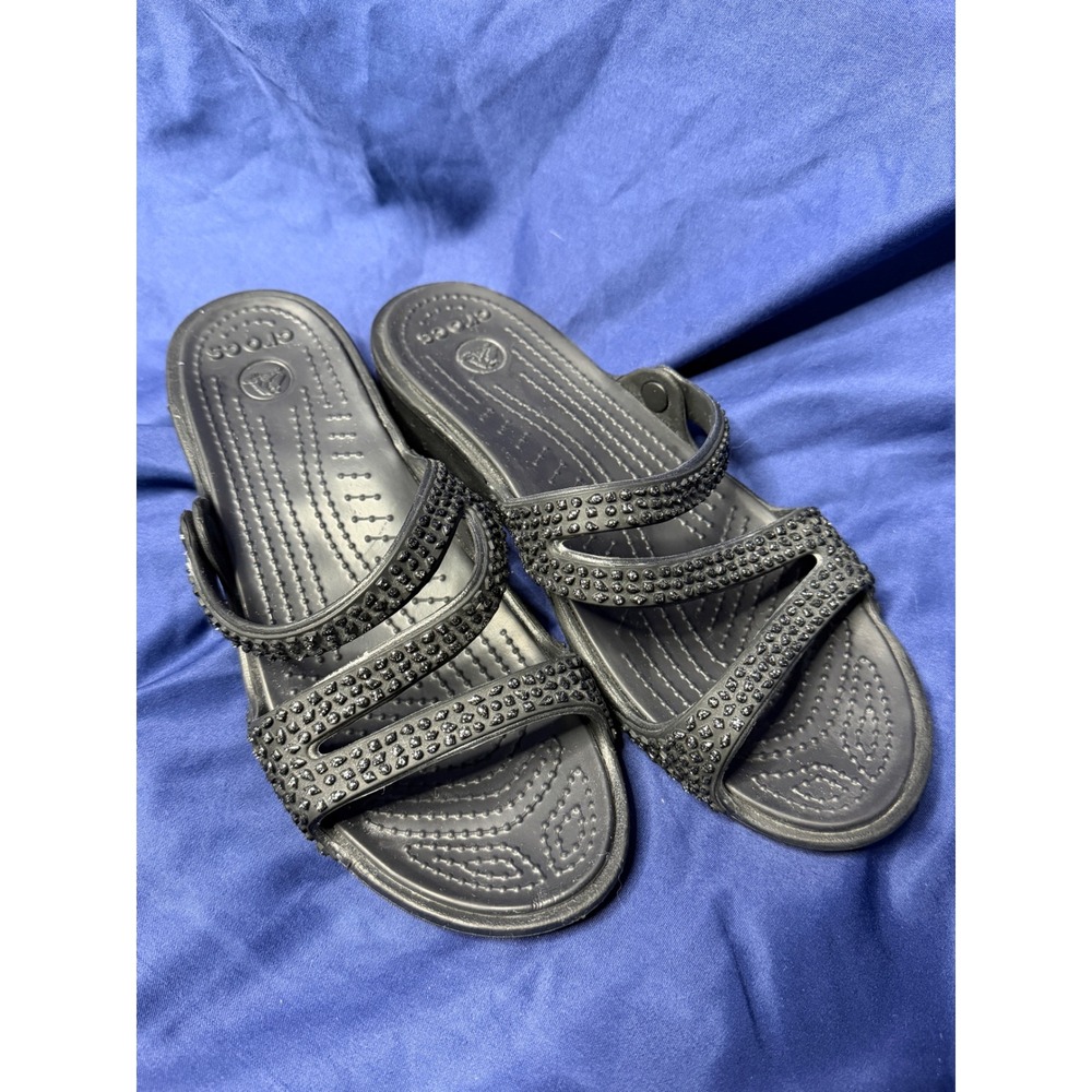 Crocs Monterey Shimmer Wedge Sandals Black Studded Multi Strap Slides Womens 8